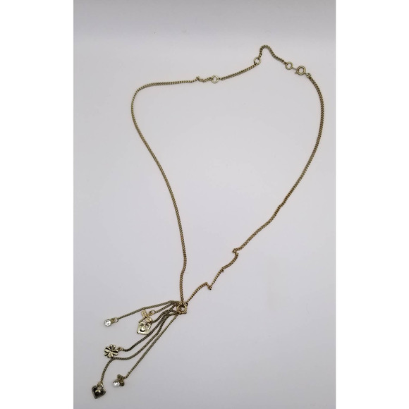 Gold Tone Lariat Necklace with Dangling Charms Hearts, Dragonfly & 4 Leaf Clover - Picture 3 of 7